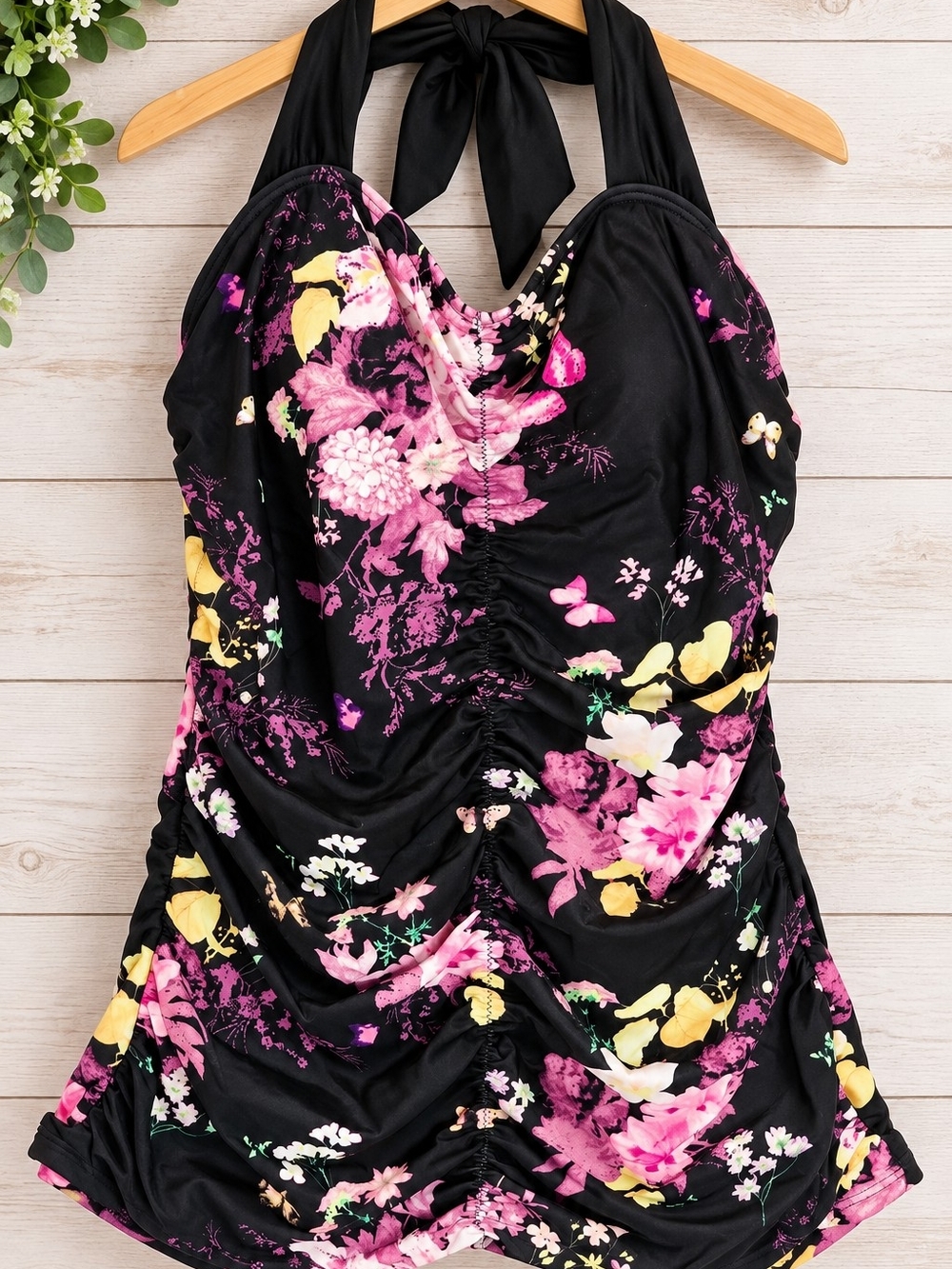 DreamShion XL Floral Ruched Halter Swim Dress Swimsuit